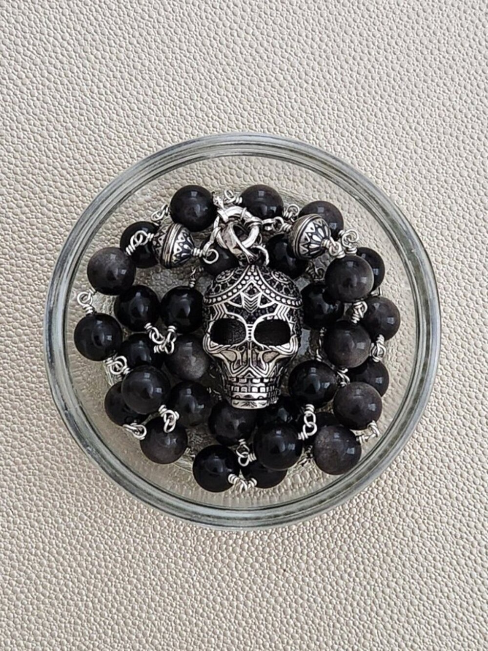 SILVER OBSIDIAN NECKLACE W/ 925 SILVER SKULL --24" Inches
